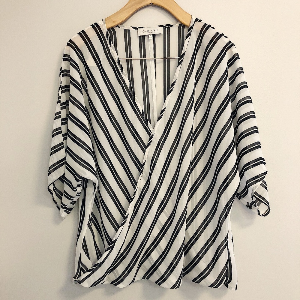 WAYF S/S Black White Stripe Wrap Front Blouse EUC